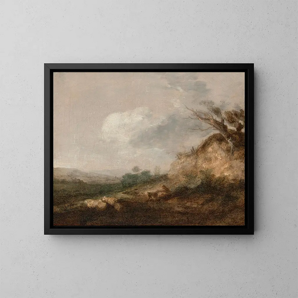 Pastuszek i jego pies w krajobrazie, jego stado odpoczywające przy wydmie na pierwszym planie - Thomas Gainsborough — oprawiony obraz na ścianie