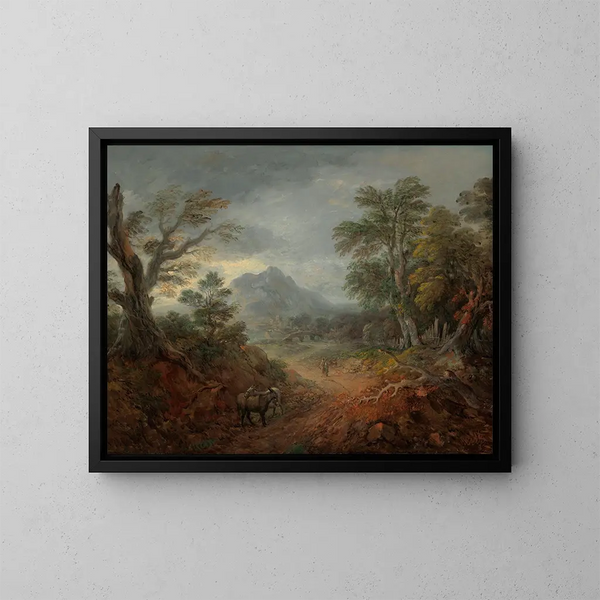 Pejzaż z drzewami, osiołkami i postaciami na drodze - Thomas Gainsborough — oprawiony obraz na ścianie