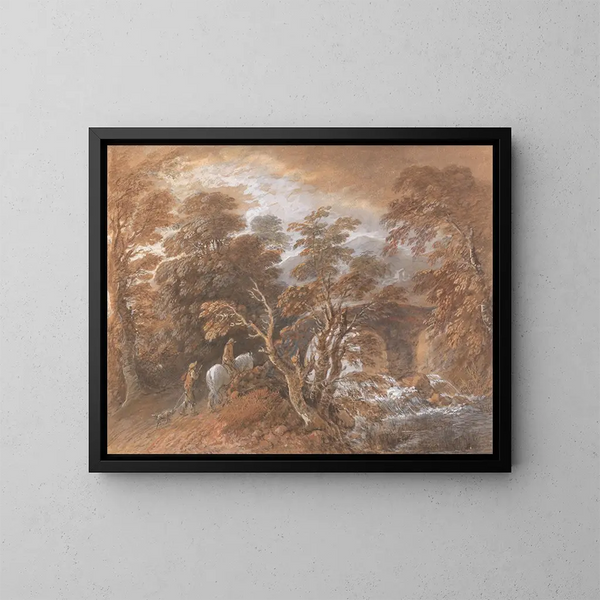 krajobrazu pagórkowatego z postaciami zbliżającymi się do mostu - Thomas Gainsborough — oprawiony obraz na ścianie