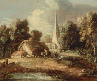pejzażowy z chatką i kościołem - Thomas Gainsborough — widok dzieła