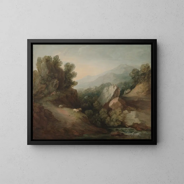 krajobrazu z drzewami, skałami, doliną i wodospadem - Thomas Gainsborough — oprawiony obraz na ścianie