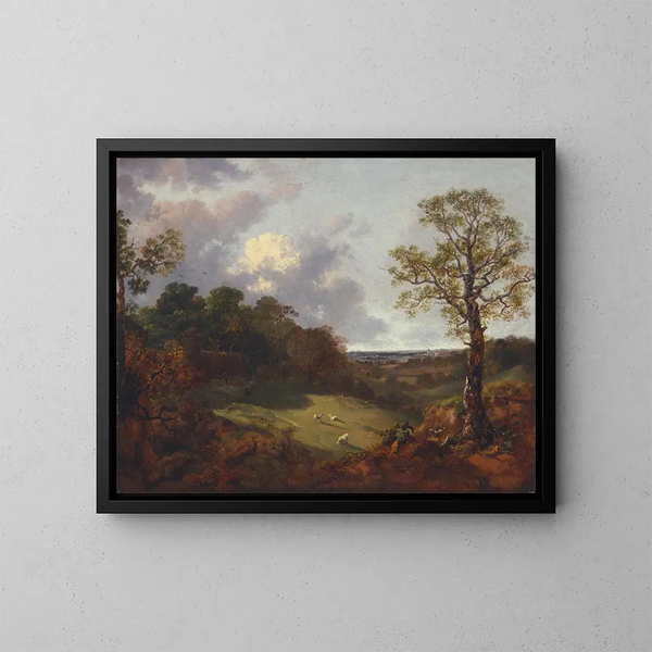pejzaż z drzewami, chatką i pasterzem - Thomas Gainsborough — oprawiony obraz na ścianie