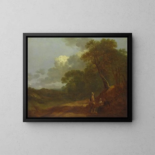 Pejzaż z drzewami i mężczyzną rozmawiającym z dwoma kobietami siedzącymi - Thomas Gainsborough — oprawiony obraz na ścianie