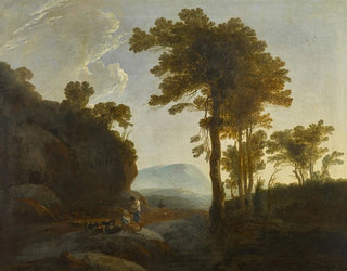 Thomas Jones - Extensive landscape with a shepherd and shepherdess and their flock.webp