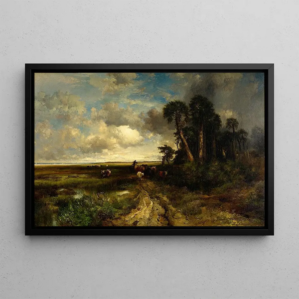 Ramener le bétail, côte de Floride - Thomas Moran — oprawiony obraz na ścianie