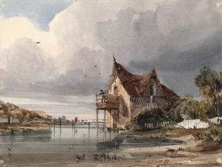 Thomas Shotter Boys - A River and Cottage with White Paling.webp