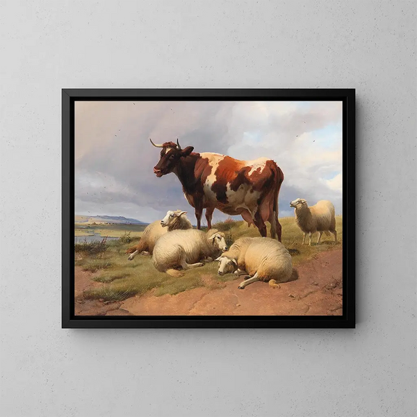 Bétail et moutons dans un pré dans un vaste paysage - Thomas Sidney Cooper — oprawiony obraz na ścianie