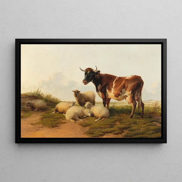 Moutons et vaches dans le pré - Thomas Sidney Cooper — oprawiony obraz na ścianie