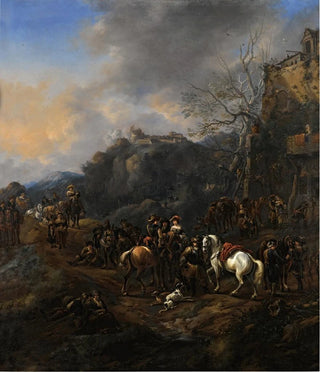 Thomas Wijck - A troop of cavalrymen and other figures outside an inn a hill fort beyond.webp