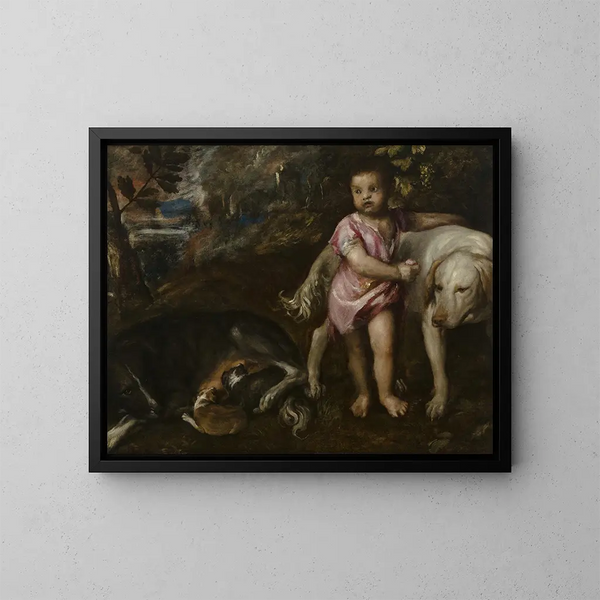 Chłopiec z psami na pejzażu - Titian — oprawiony obraz na ścianie