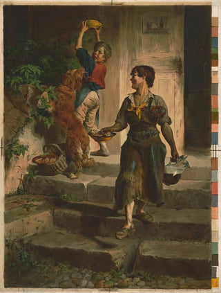 Toby E Rosenthal - Boy descending stairs looking over his shoulder at boy and dog.webp