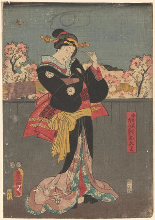 Toyokuni Utagawa - Woman with Black Wrap against Grey Fence cherry trees in bloom in background.webp