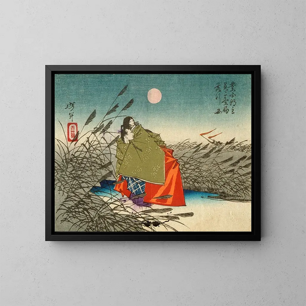 Narihira i Nij no Tsubone nad brzegiem rzeki Fuji - Tsukioka Yoshitoshi — oprawiony obraz na ścianie