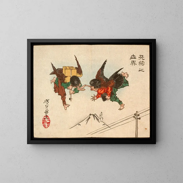 Messagers Tengu se heurtant en plein vol - Tsukioka Yoshitoshi — oprawiony obraz na ścianie