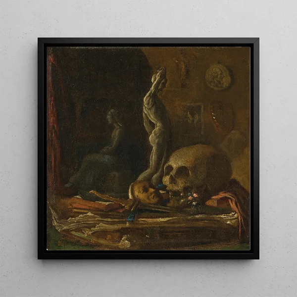 Un masque de crâne, une statuette d'épée et un livre sur une table dans l'atelier d'un artiste, huile sur cuivre - École française