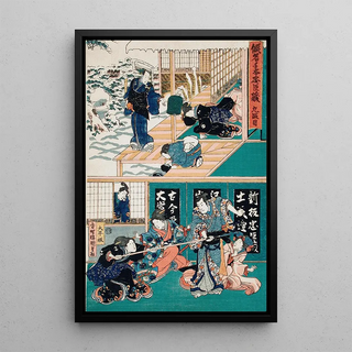 Utagawa Kunisada Toyokuni III - Act IX Oishi Disguises Yuranosuke as a Komus FlutePlaying Monk Oishi Attacks Honz for Having Brought about Enyas Demise.webp