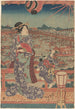 Kobieta i dziecko w fioletowym kimono nadzorujący łodzie i most - Utagawa Kunisada Toyokuni III — widok dzieła
