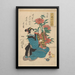 Kobieta w niebieskim kimono trzymająca dziecko patrzące na peonie - Utagawa Kuniyoshi — oprawiony obraz na ścianie