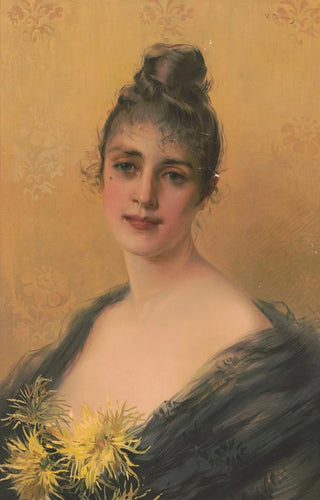 V Covey - Woman from chest up with yellow flowers.webp