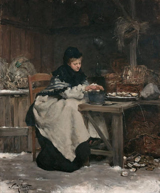 Victor Gabriel Gilbert - Femme assise une table se rchauffant les mains aprs avoir ouvert des hutres.webp