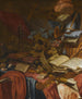 martwa natura vanitas z flecistą, czaszką, partyturami, złotą koroną, sztyletem, muszlami i innymi przedmiotami, wszystko ułożone na częściowo przykrytym stole. - Vincent Laurensz van der Vinne I. — widok dzieła