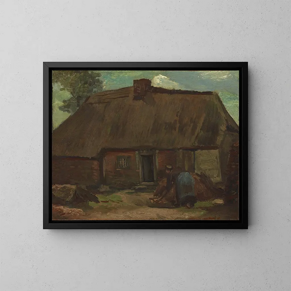 Domek z wiejską kobietą kopiącą ziemię - Vincent van Gogh — oprawiony obraz na ścianie