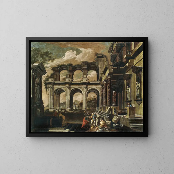 Un caprice de la cour intérieure d'un palais en ruine avec le miracle de saint Paul - Viviano Codazzi — oprawiony obraz na ścianie
