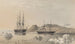 HMS Assistance odholowany przez Pioneer, kapitan Sherard Osborn, przechodzący przez górę John Barrow na północ od kanału Wellington 1853 - Walter William May — widok dzieła