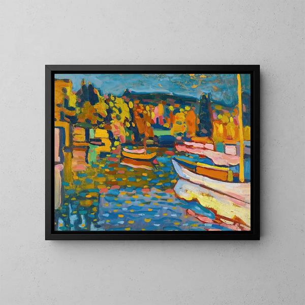 Studium pejzażu jesiennego z łodziami - Wassily Kandinsky — oprawiony obraz na ścianie
