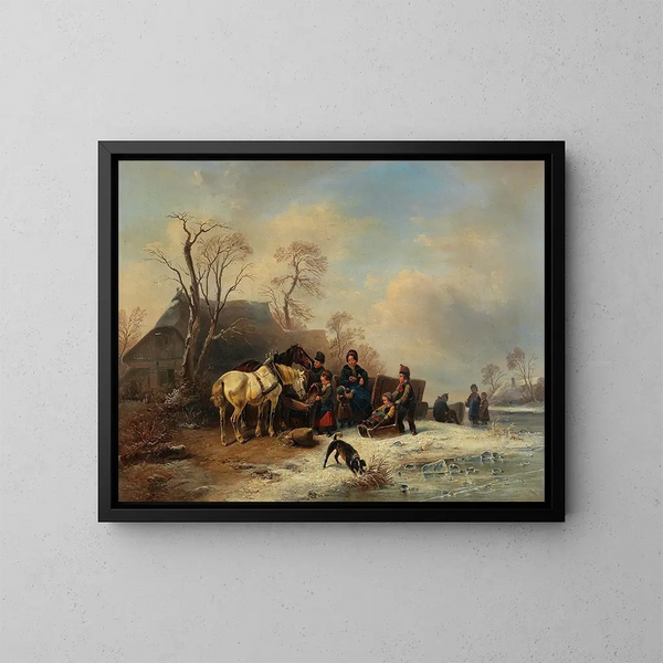 Scena zimowa z dziećmi i końmi - Wilhelm Alexander Meyerheim — oprawiony obraz na ścianie
