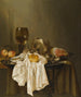 Martwa natura Banketje z Roemer, filiżanką ze srebra na boku, szynką, brzoskwiniami, solniczką, małym chlebem i białym obrusem na częściowo nakrytym stole - Willem Claesz. Heda — widok dzieła