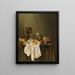 Martwa natura Banketje z Roemer, filiżanką ze srebra na boku, szynką, brzoskwiniami, solniczką, małym chlebem i białym obrusem na częściowo nakrytym stole - Willem Claesz. Heda — oprawiony obraz na ścianie