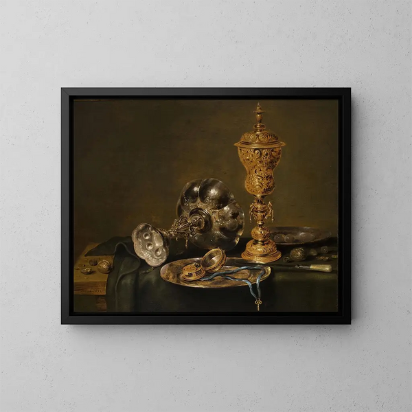 Martwa natura z metalowymi naczyniami i zegarkiem na stole - Willem Claesz Heda — oprawiony obraz na ścianie