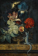 Martwa natura z tulipanami i innymi kwiatami w wazonie na marmurowym parapecie z jaszczurką i motylem - Willem van Aelst — widok dzieła