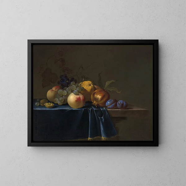 Brzoskwinie, winogrona, granat i śliwki na belce - Willem van Aelst — oprawiony obraz na ścianie