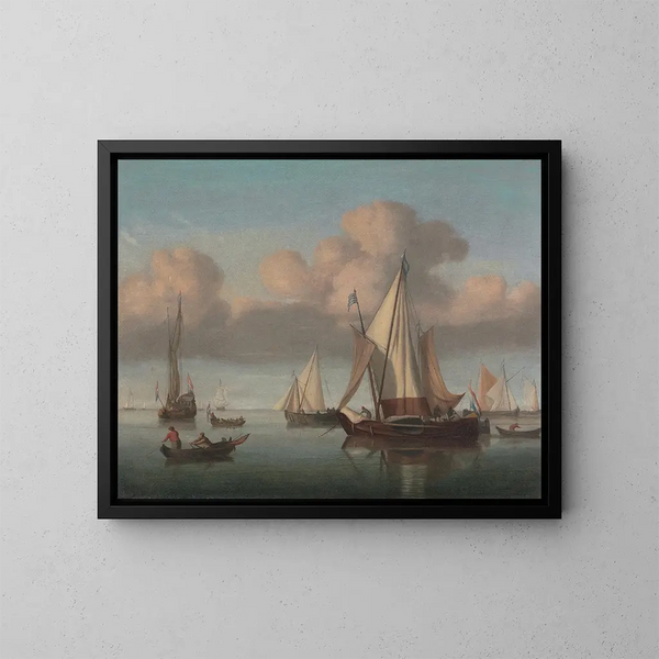 Un kaag au mouillage avec les voiles hissées et un yacht d'État et d'autres navires - Willem van de Velde le Jeune — oprawiony obraz na ścianie