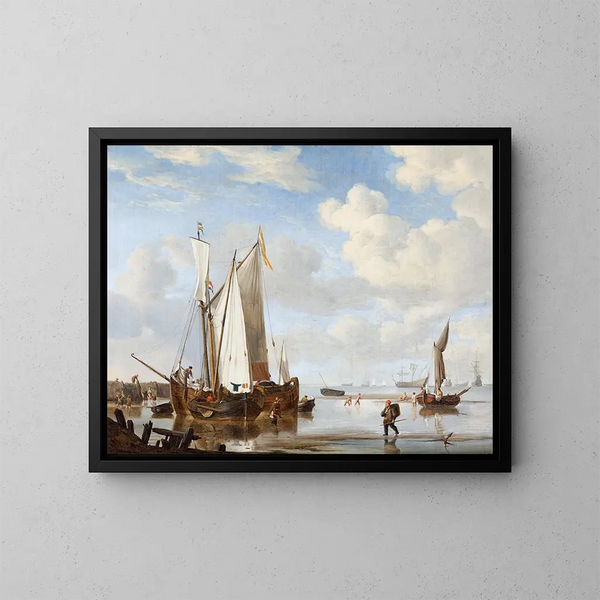 Un wijdschip et un kaag dans une crique près d'un mur de mer - Willem van de Velde le Jeune — oprawiony obraz na ścianie