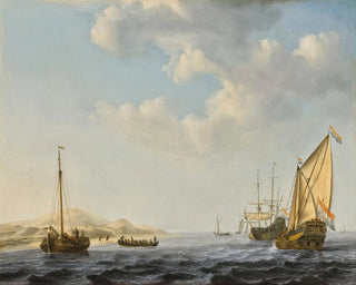 Willem van de Velde the Younger - An Amsterdam States Yacht at anchor near the shore with other boats in choppy waters.webp