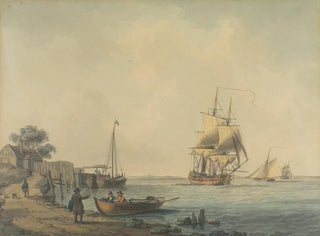 William Anderson - A TwoDecker Running up the Estuary with Figures on the Beach in the Foreground.webp