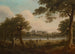 Myśliwi w leśnym pejzażu nad rzeką, dom wiejski w oddali - William Ashford — widok dzieła