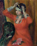 Dziewczyna w czerwonej sukni przypinająca kapelusz - William James Glackens — widok dzieła