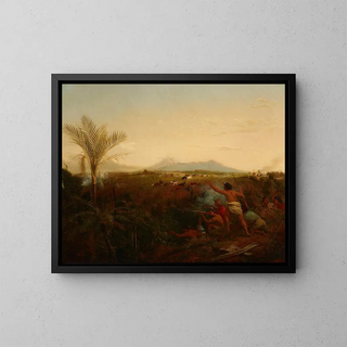 William Strutt - View of Mt Egmont Taranaki New Zealand taken from New Plymouth with Maoris driving off settlers cattle.webp