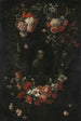 Buste sculpté feint du Bienheureux Hieronymus Werdanus dans un cartouche de pierre feint décoré d'une guirlande et de deux bouquets de fleurs - Wouter Gysaerts — widok dzieła