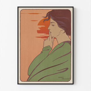 Plakat secesyjny – L’Heure du silence – Henri Meunier, w cienkiej ramie na jasnej ścianie.