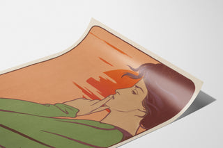 Plakat secesyjny – L’Heure du silence – Henri Meunier, pokazany na zakrzywionej kartce w perspektywie.