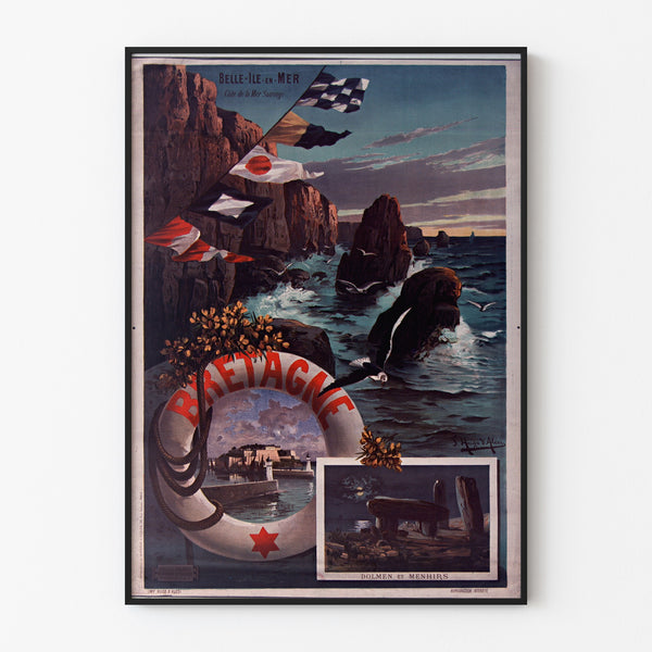 Plakat Bretania vintage – Belle-Île-en-Mer, Bretania, w cienkiej ramie na jasnej ścianie.
