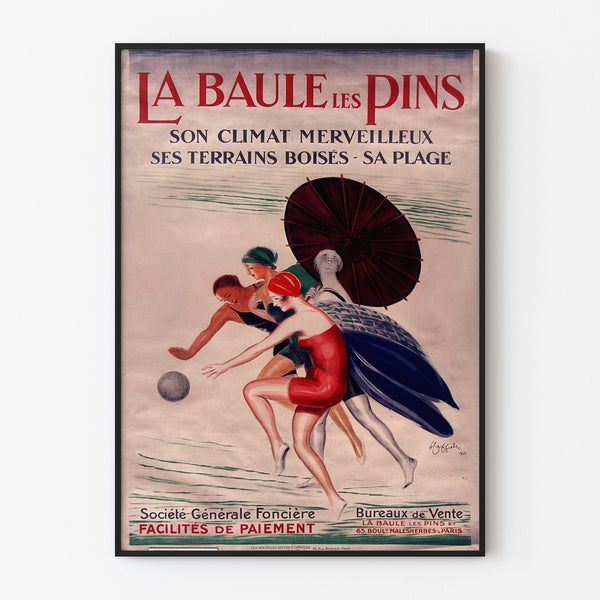 Wintage plakat Bretania – La Baule-les-Pins, w cienkiej ramie na jasnej ścianie.