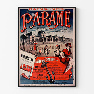 Wydruk plakatowy Bretania vintage – Paramé, zatoka Saint-Malo, w cienkiej ramie na jasnej ścianie.