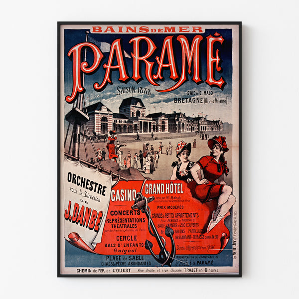 Wydruk plakatowy Bretania vintage – Paramé, zatoka Saint-Malo, w cienkiej ramie na jasnej ścianie.
