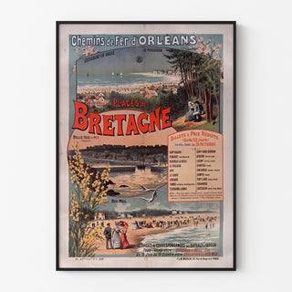 Wintage plakat Bretania – Plages de Bretagne, koleje, w cienkiej ramie na jasnej ścianie.